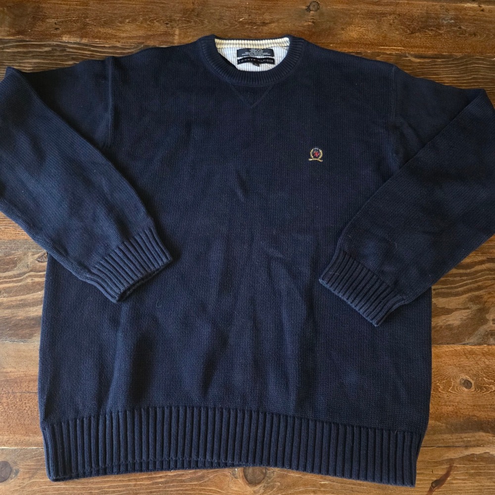 Tommy Hilfiger‎ Men's Navy Blue Cotton V-Neck Sweater XL Embroidered Logo Heavy